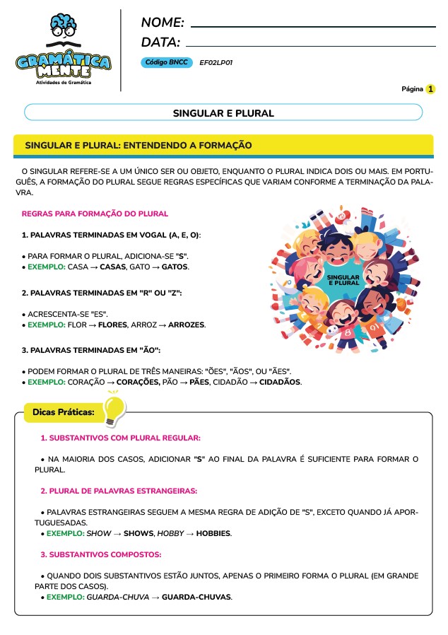 Gramática Mente - Atividades de Gramática, Gramática normativa - Para fundamental 1, do 2° ao 5° ano, atividades em PDF, prontas para imprimir.