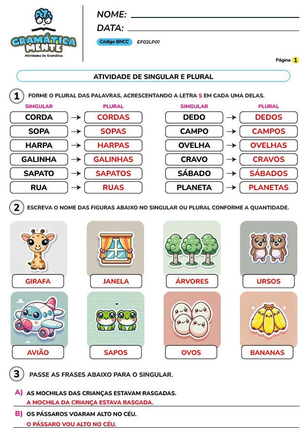 Gramática Mente - Atividades de Gramática, Gramática normativa - Para fundamental 1, do 2° ao 5° ano, atividades em PDF, prontas para imprimir.