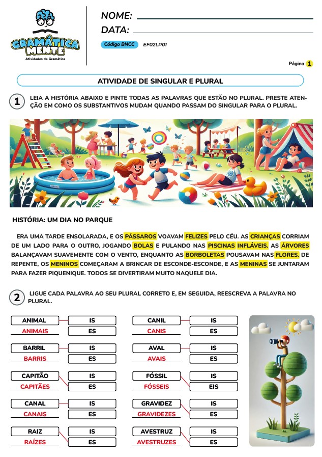 Gramática Mente - Atividades de Gramática, Gramática normativa - Para fundamental 1, do 2° ao 5° ano, atividades em PDF, prontas para imprimir.