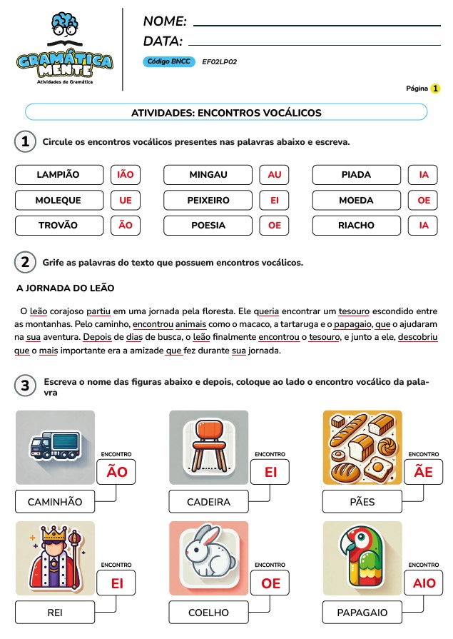 Gramática Mente - Atividades de Gramática, Gramática normativa - Para fundamental 1, do 2° ao 5° ano, atividades em PDF, prontas para imprimir.