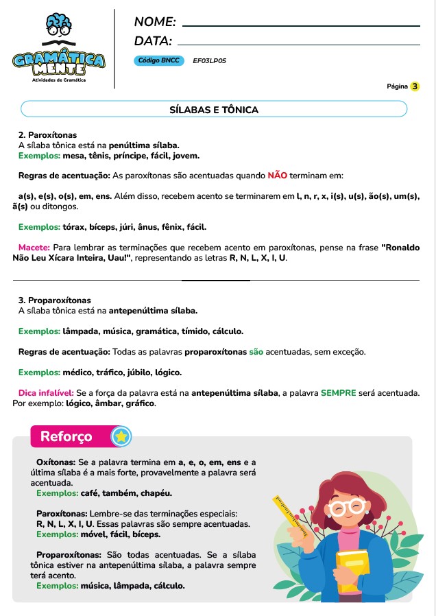 Gramática Mente - Atividades de Gramática, Gramática normativa - Para fundamental 1, do 2° ao 5° ano, atividades em PDF, prontas para imprimir.