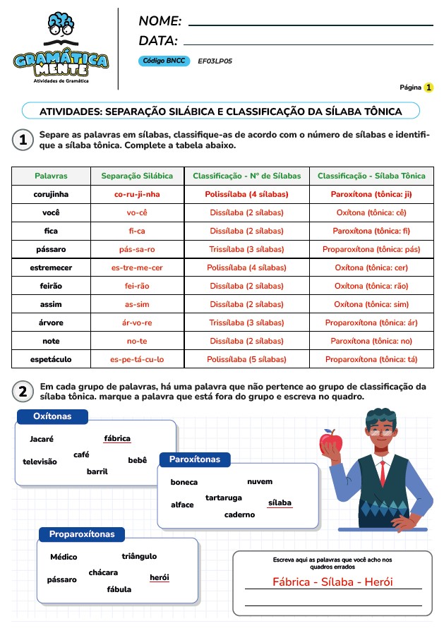 Gramática Mente - Atividades de Gramática, Gramática normativa - Para fundamental 1, do 2° ao 5° ano, atividades em PDF, prontas para imprimir.