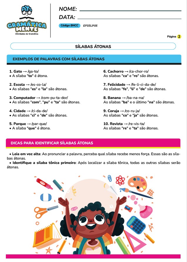 Gramática Mente - Atividades de Gramática, Gramática normativa - Para fundamental 1, do 2° ao 5° ano, atividades em PDF, prontas para imprimir.