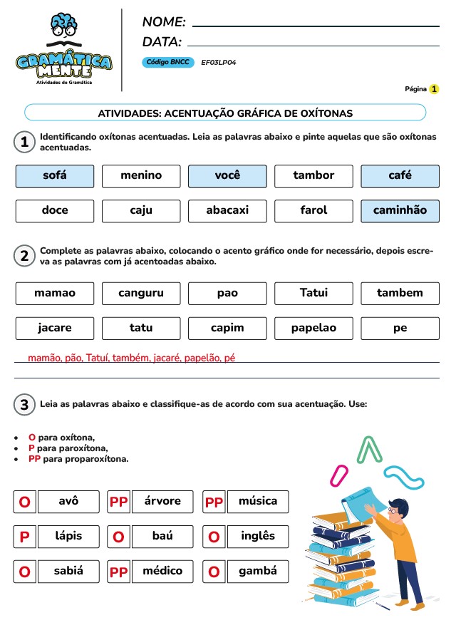 Gramática Mente - Atividades de Gramática, Gramática normativa - Para fundamental 1, do 2° ao 5° ano, atividades em PDF, prontas para imprimir.