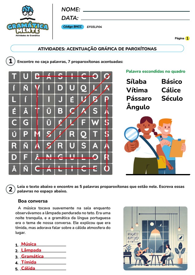 Gramática Mente - Atividades de Gramática, Gramática normativa - Para fundamental 1, do 2° ao 5° ano, atividades em PDF, prontas para imprimir.