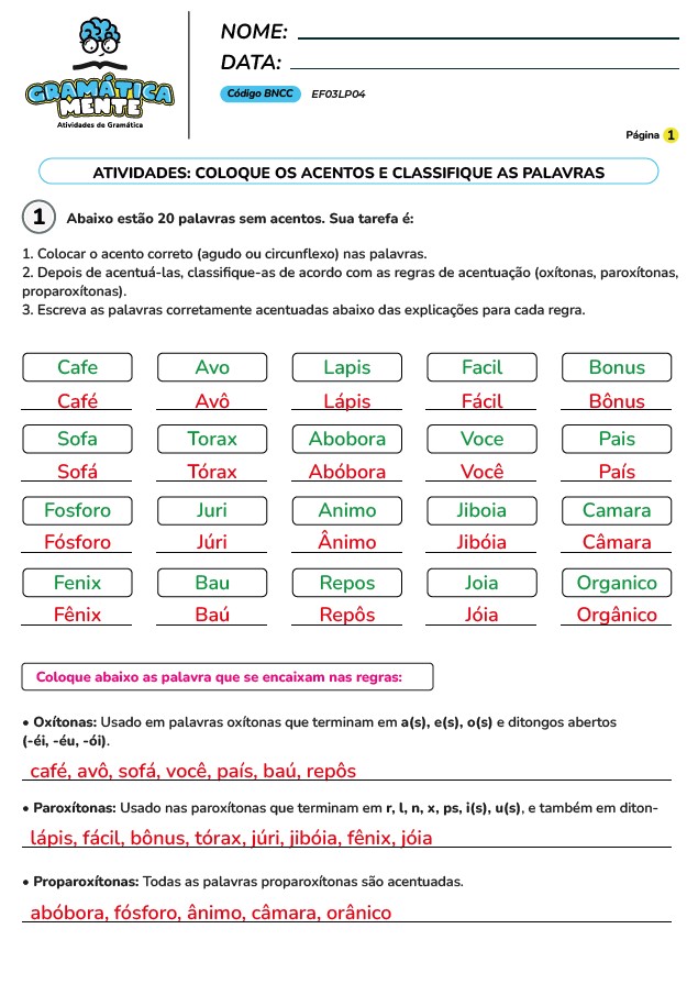 Gramática Mente - Atividades de Gramática, Gramática normativa - Para fundamental 1, do 2° ao 5° ano, atividades em PDF, prontas para imprimir.