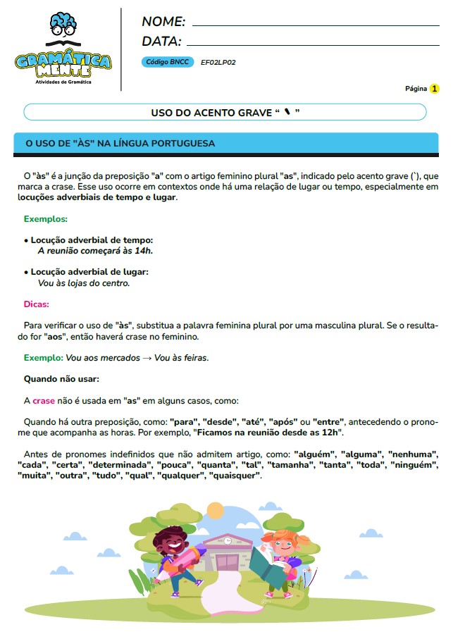 Gramática Mente - Atividades de Gramática, Gramática normativa - Para fundamental 1, do 2° ao 5° ano, atividades em PDF, prontas para imprimir.