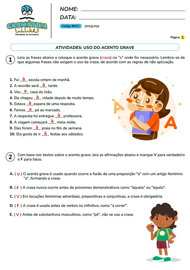 Gramática Mente - Atividades de Gramática, Gramática normativa - Para fundamental 1, do 2° ao 5° ano, atividades em PDF, prontas para imprimir.