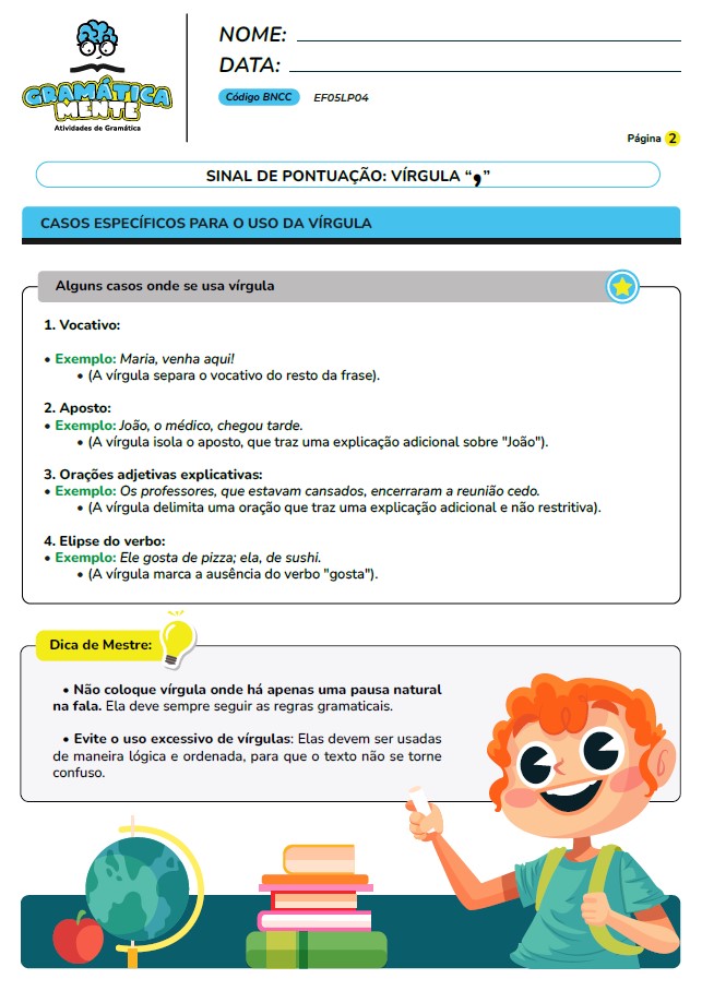 Gramática Mente - Atividades de Gramática, Gramática normativa - Para fundamental 1, do 2° ao 5° ano, atividades em PDF, prontas para imprimir.