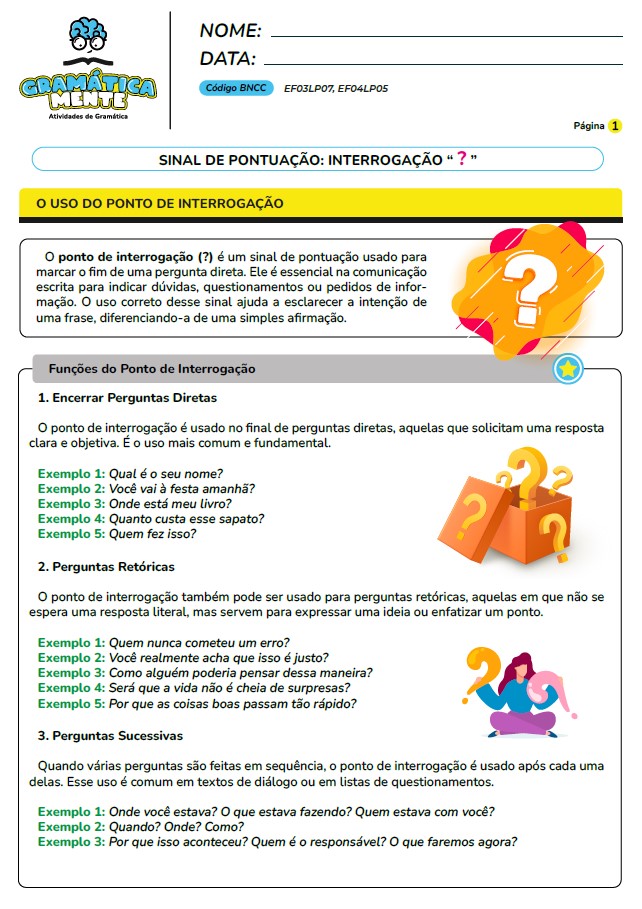 Gramática Mente - Atividades de Gramática, Gramática normativa - Para fundamental 1, do 2° ao 5° ano, atividades em PDF, prontas para imprimir.